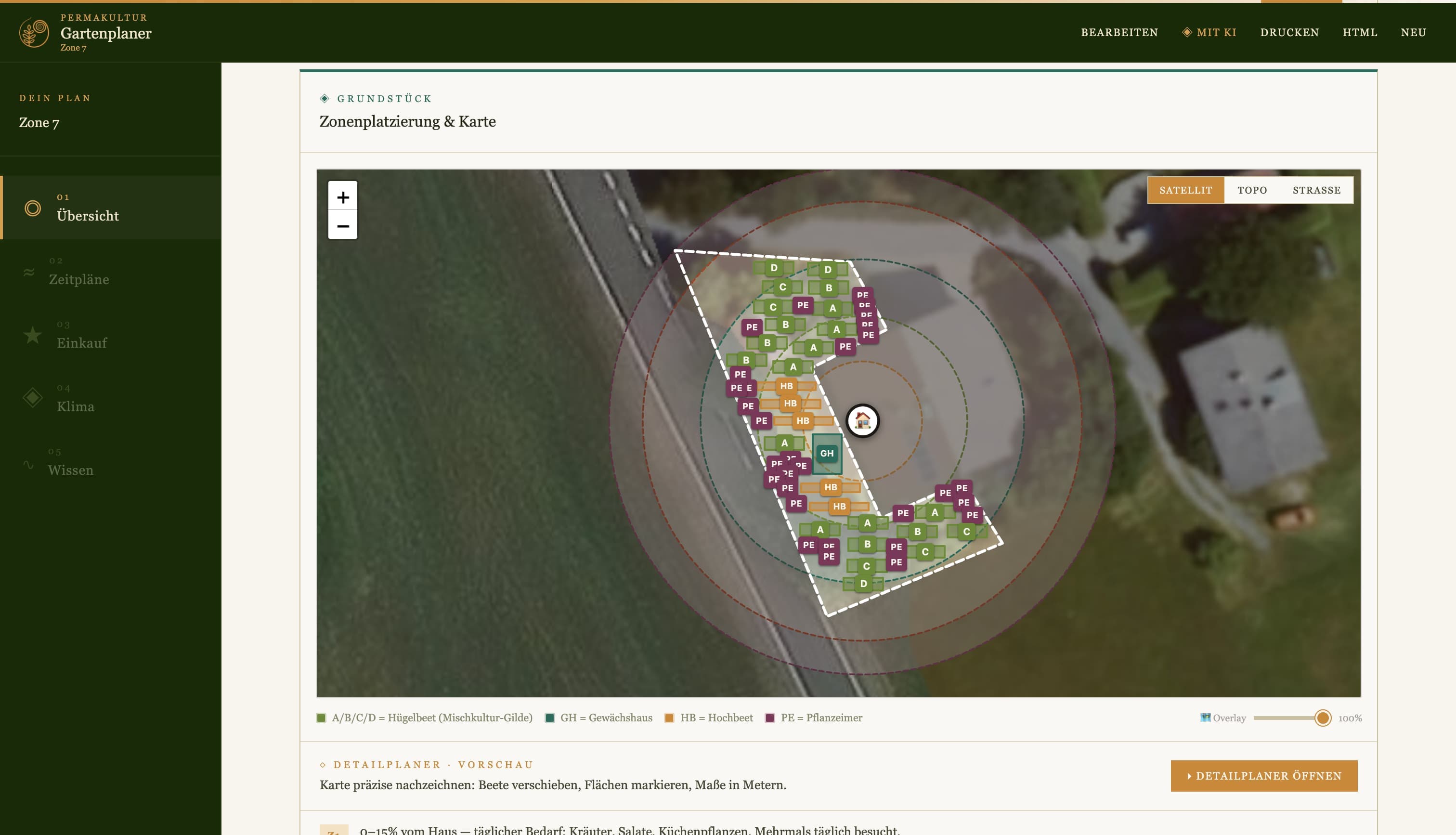 Gartenplan — Karte mit Zonenplatzierung und Infrastruktur